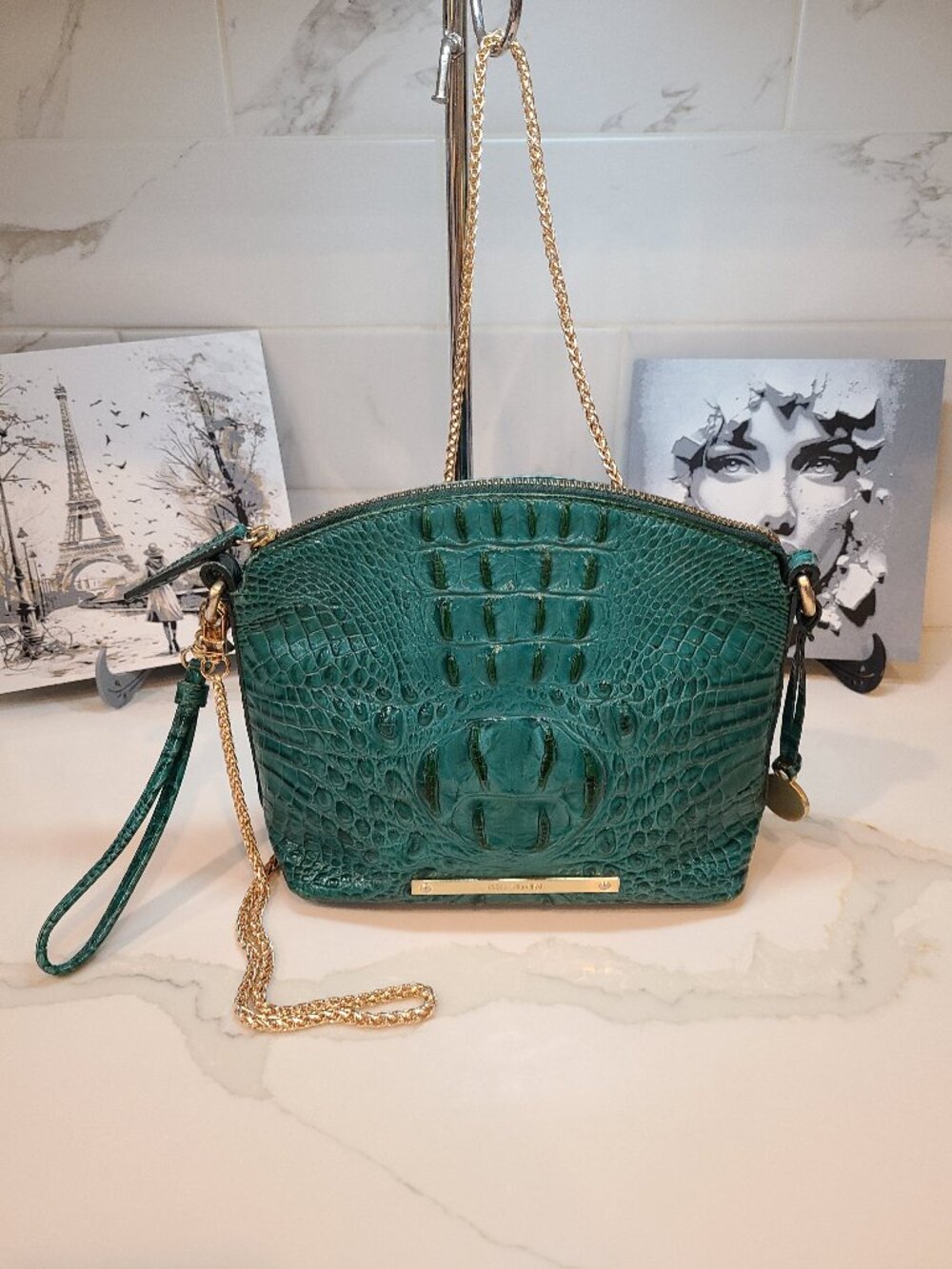 Brahmin Teal Peacock Mini Duxbury chain strap and wristlet loop restored ART